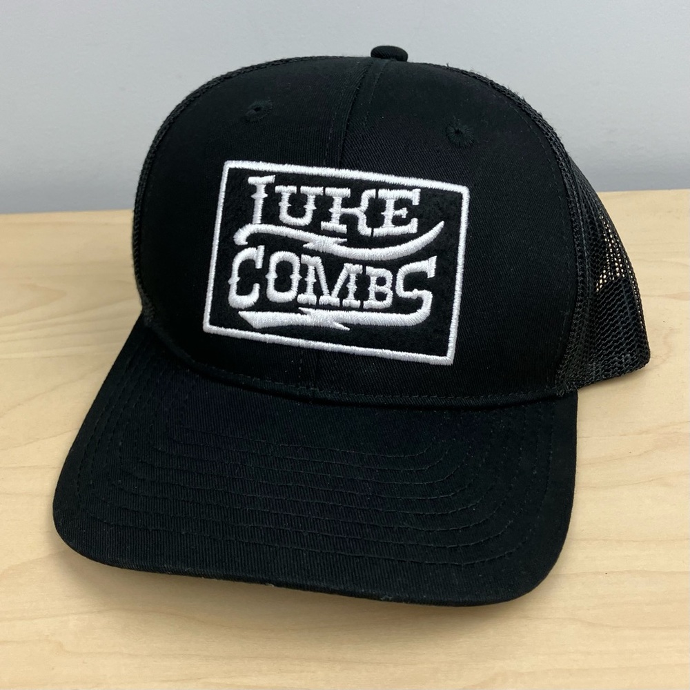 Luke Combs Mesh Snapback Trucker Hat Black White Embroidered Patch Logo